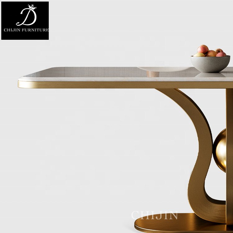 Modern Luxury Kitchen Stainless Steel Base Sintered Stone Dining Table Set Furniture