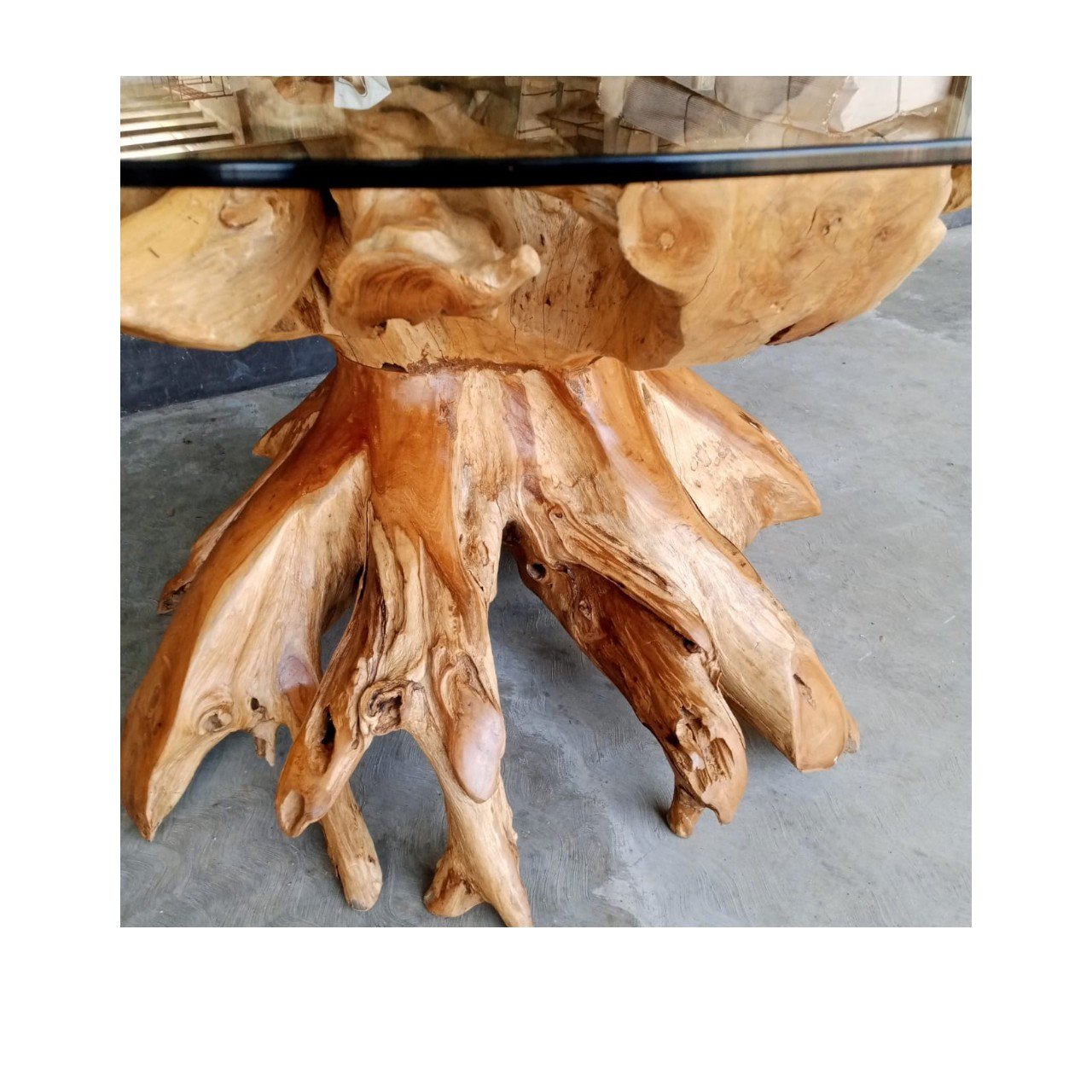 Antique Teak Root Dining Table With 160 cm Round Tempered Glass Top Unique Natural Brushed Table for Dining Room and Garden Park