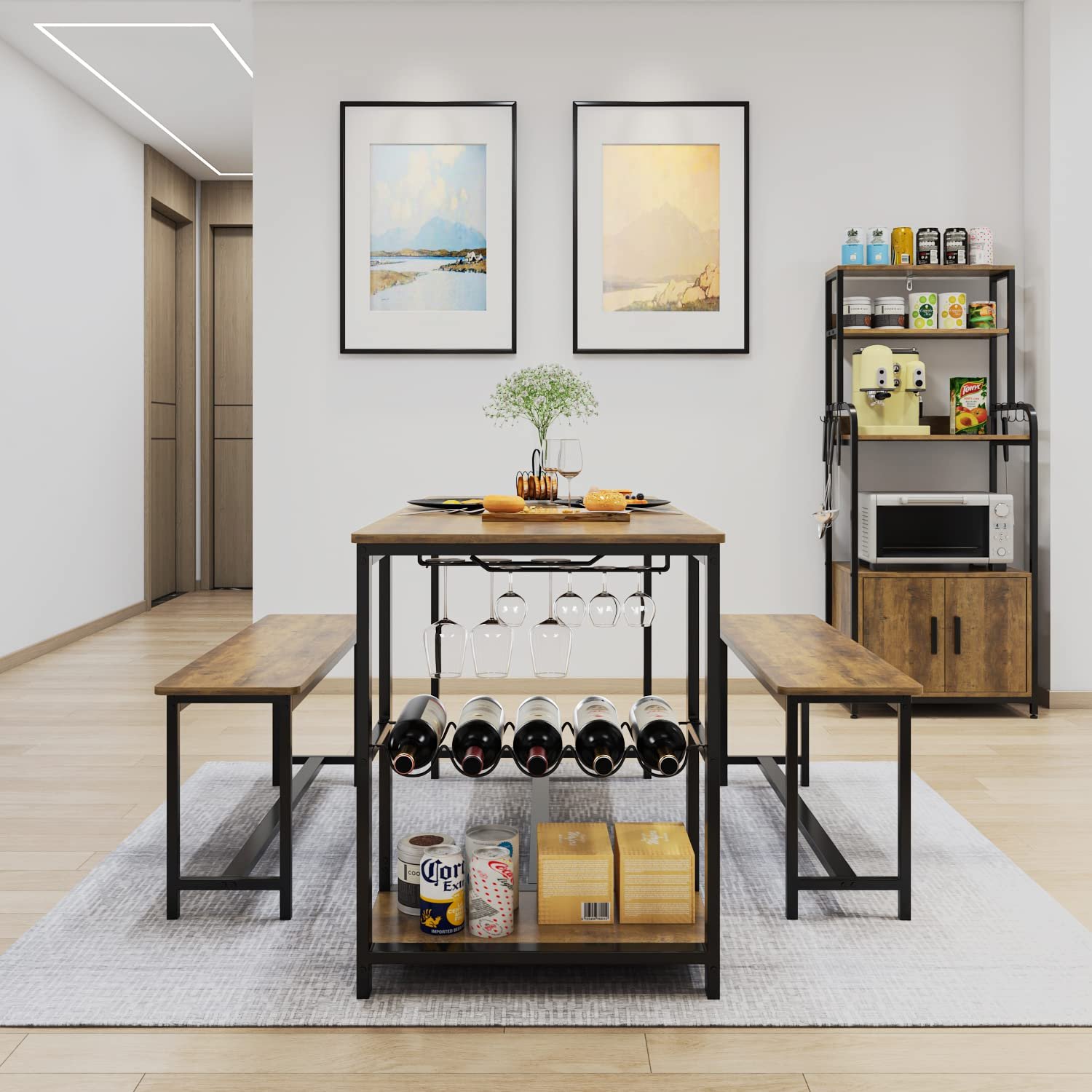 3-Piece Dining Table Set Rustic Wood Kitchen Dinner Table with Benches Breakfast Nook Table with Wine Rack and Glass Holder
