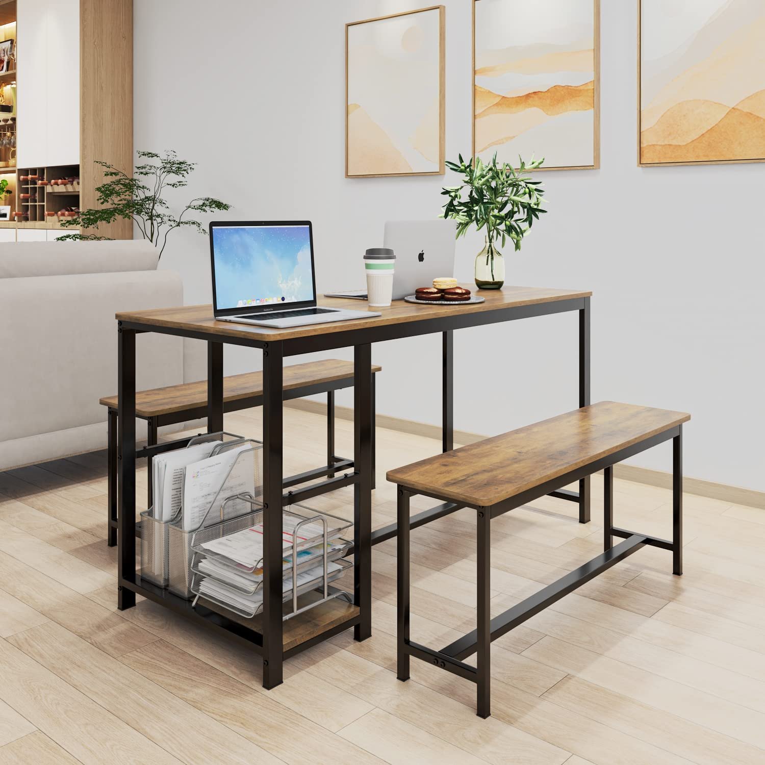 3-Piece Dining Table Set Rustic Wood Kitchen Dinner Table with Benches Breakfast Nook Table with Wine Rack and Glass Holder
