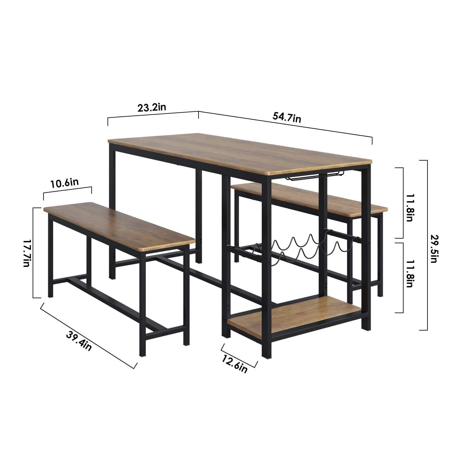 3-Piece Dining Table Set Rustic Wood Kitchen Dinner Table with Benches Breakfast Nook Table with Wine Rack and Glass Holder