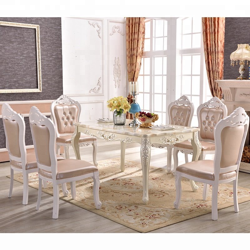 Modern France Style 6 Seater Red And White Marble Top Rectangle Dining Table Set