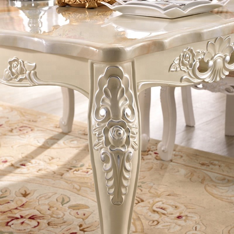 Modern France Style 6 Seater Red And White Marble Top Rectangle Dining Table Set