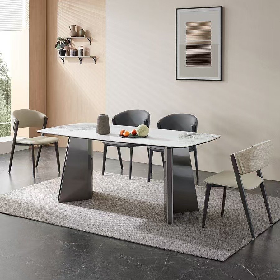 Stainless steel leg dining table with chairs dining room sets modern luxury marble stone top metal dining table set
