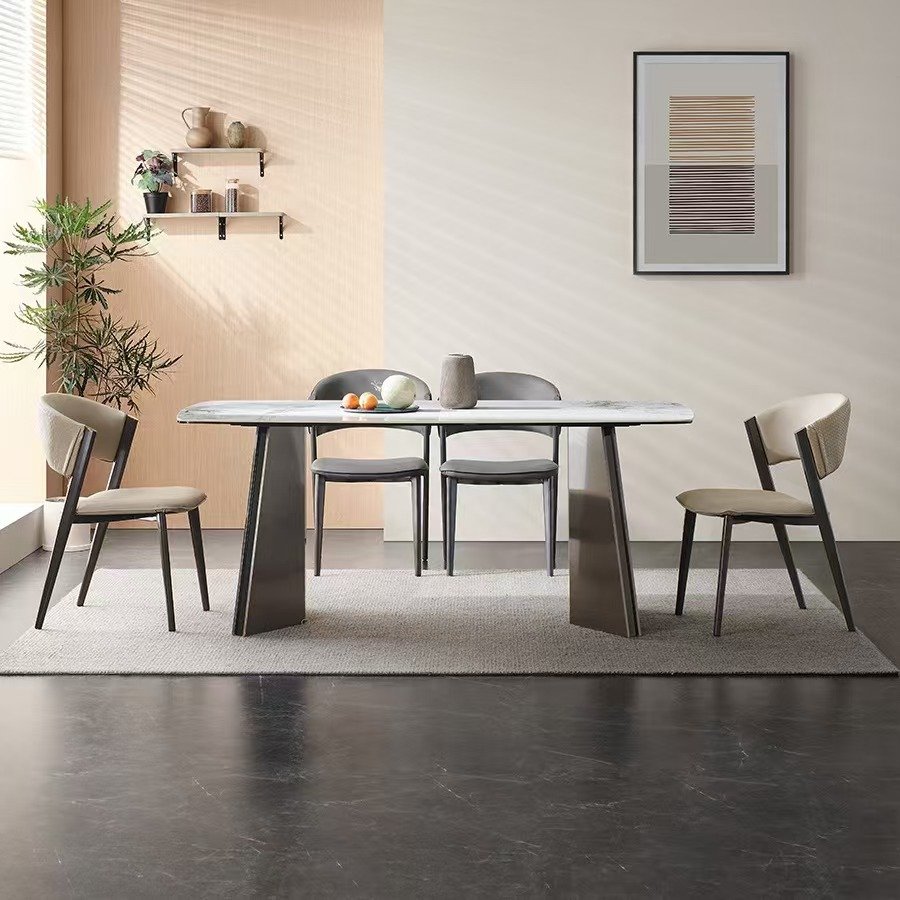 Stainless steel leg dining table with chairs dining room sets modern luxury marble stone top metal dining table set