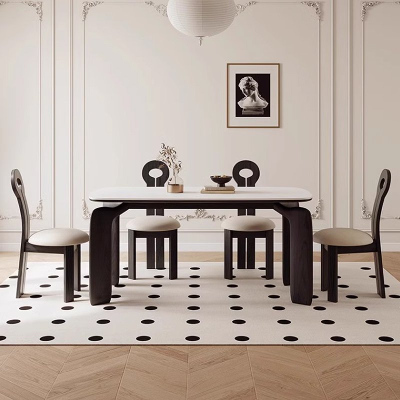 Midcentury Simple Travertine Dining Table Black Sintered Marble Stone for Home or Restaurant Wooden Entry Furniture with Chair