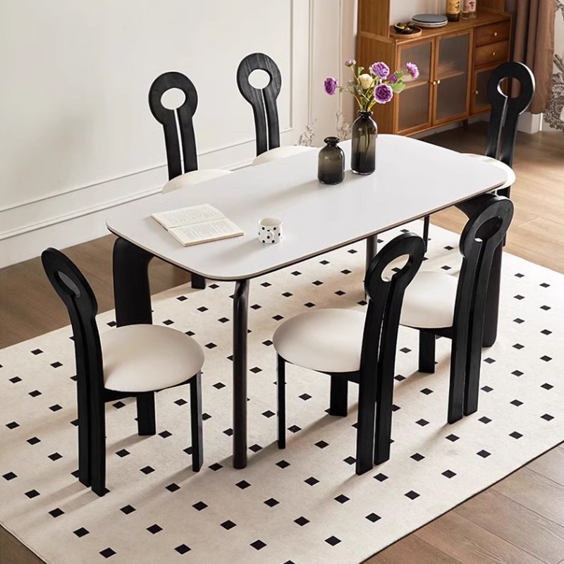 Midcentury Simple Travertine Dining Table Black Sintered Marble Stone for Home or Restaurant Wooden Entry Furniture with Chair
