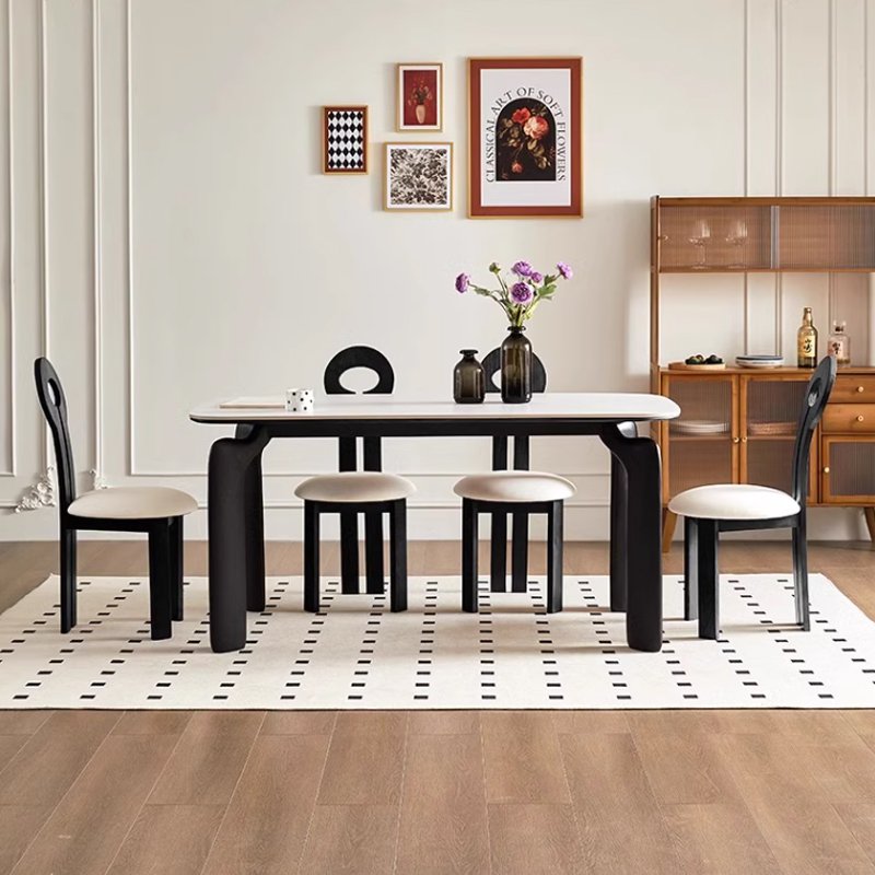 Midcentury Simple Travertine Dining Table Black Sintered Marble Stone for Home or Restaurant Wooden Entry Furniture with Chair