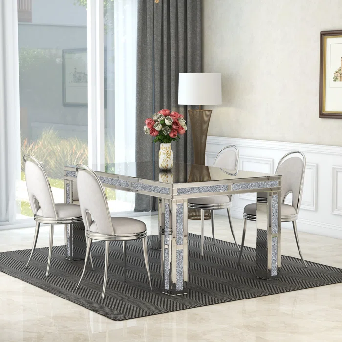 Modern Mirrored Glass Dining Table with 4 Legs and Crushed Diamond Inlay Rectangle Crystal Wedding Table For Home Hotel