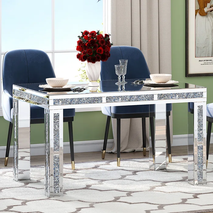 Modern Mirrored Glass Dining Table with 4 Legs and Crushed Diamond Inlay Rectangle Crystal Wedding Table For Home Hotel