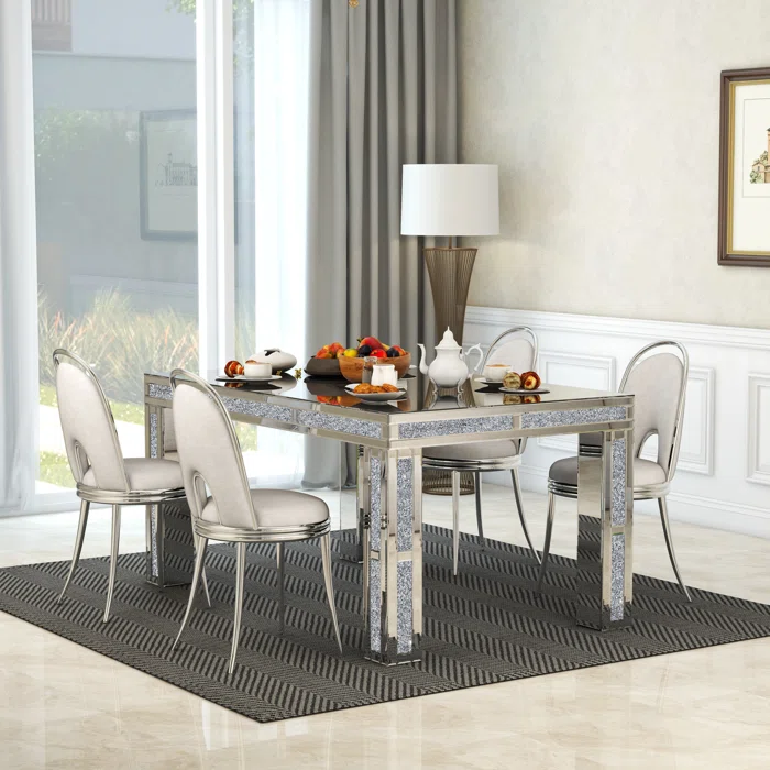 Modern Mirrored Glass Dining Table with 4 Legs and Crushed Diamond Inlay Rectangle Crystal Wedding Table For Home Hotel