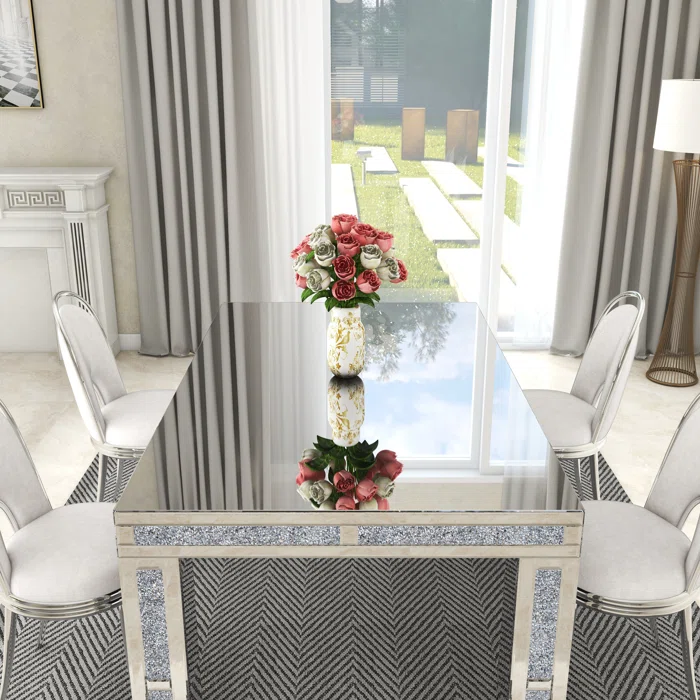 Modern Mirrored Glass Dining Table with 4 Legs and Crushed Diamond Inlay Rectangle Crystal Wedding Table For Home Hotel