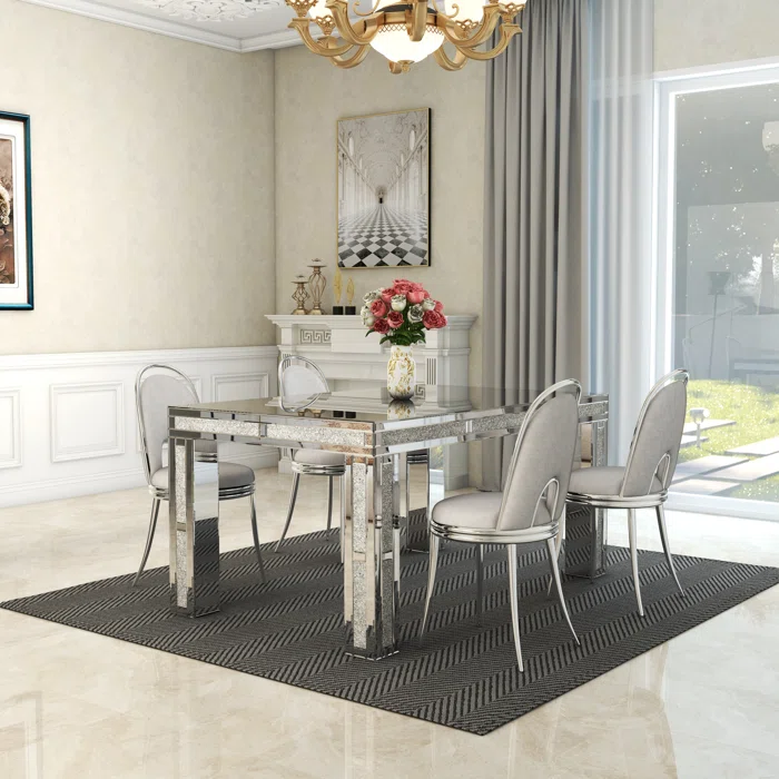 Modern Mirrored Glass Dining Table with 4 Legs and Crushed Diamond Inlay Rectangle Crystal Wedding Table For Home Hotel