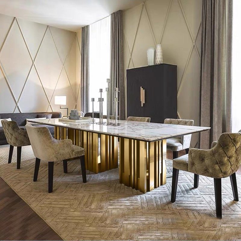 Chinese Factory Modern Marble Top Dining Table Set And Chair Stainless Steel Frame For Hotel Restaurant