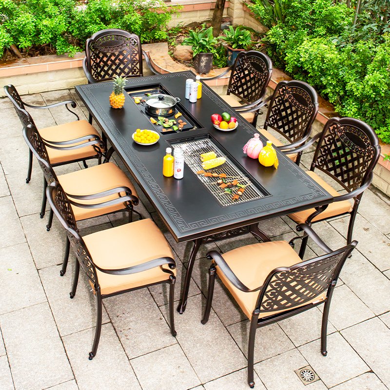 Low MOQ waterproof Outdoor dining table with BBQ For Restaurant Cast Aluminum ceramic tile Patio Furniture Sets With Fire Pit