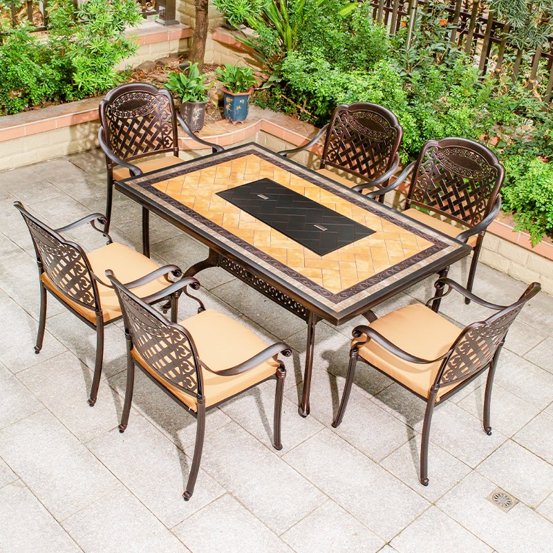 Low MOQ waterproof Outdoor dining table with BBQ For Restaurant Cast Aluminum ceramic tile Patio Furniture Sets With Fire Pit