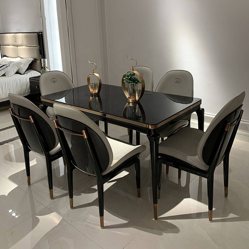 stainless steel stand glass top rectangle dinning table 6 seater modern luxury italian design black dining table