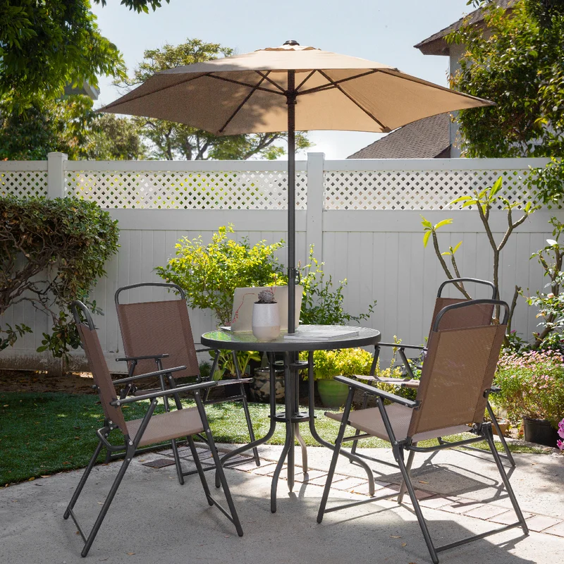 8 pcs Aluminum frame fabric chair tempered glass table contemporary outdoor garden bistro furniture