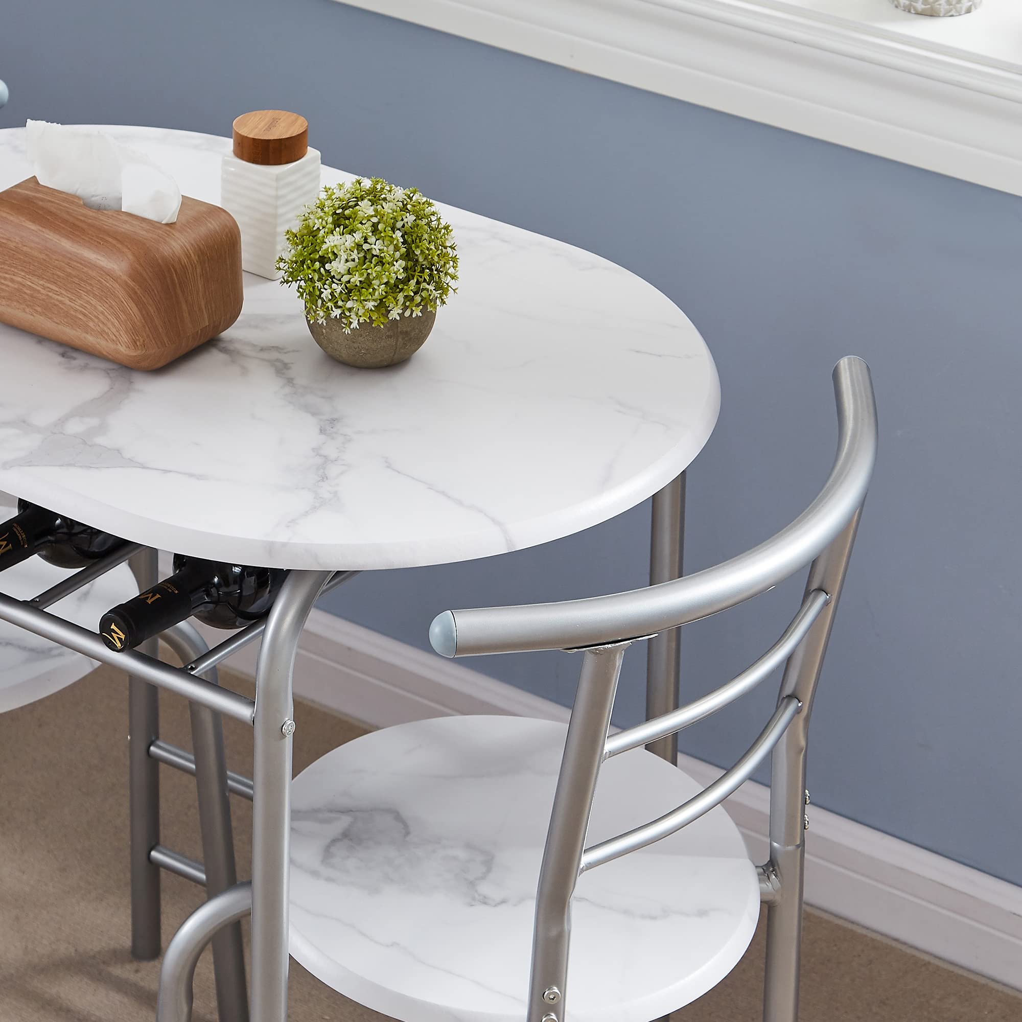 3 Piece Small Round Dining Table Set for Kitchen Breakfast Nook, Wood Grain Tabletop with Wine Storage Rack Save Space White