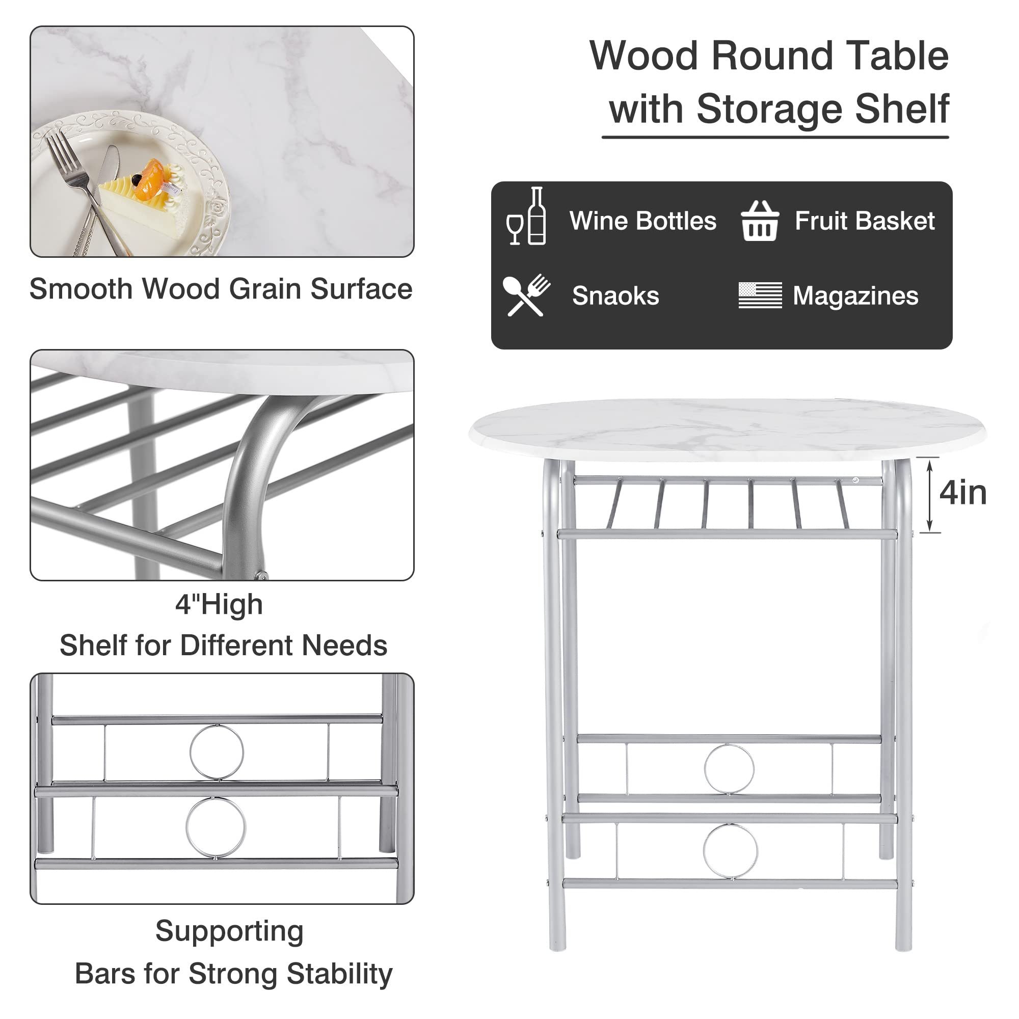 3 Piece Small Round Dining Table Set for Kitchen Breakfast Nook, Wood Grain Tabletop with Wine Storage Rack Save Space White