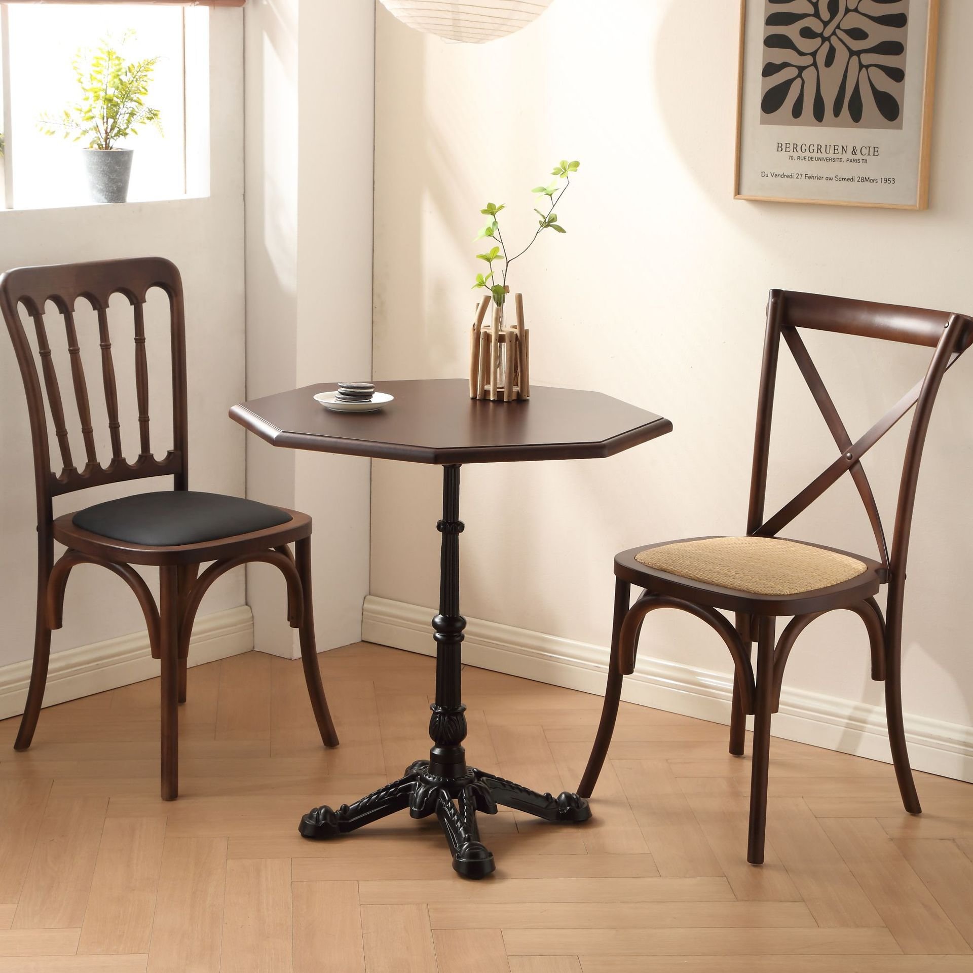 Modern dinner chair simple french country style retro Nordic Restaurant cafe table rattan seat chair Iron Wood Dining Table