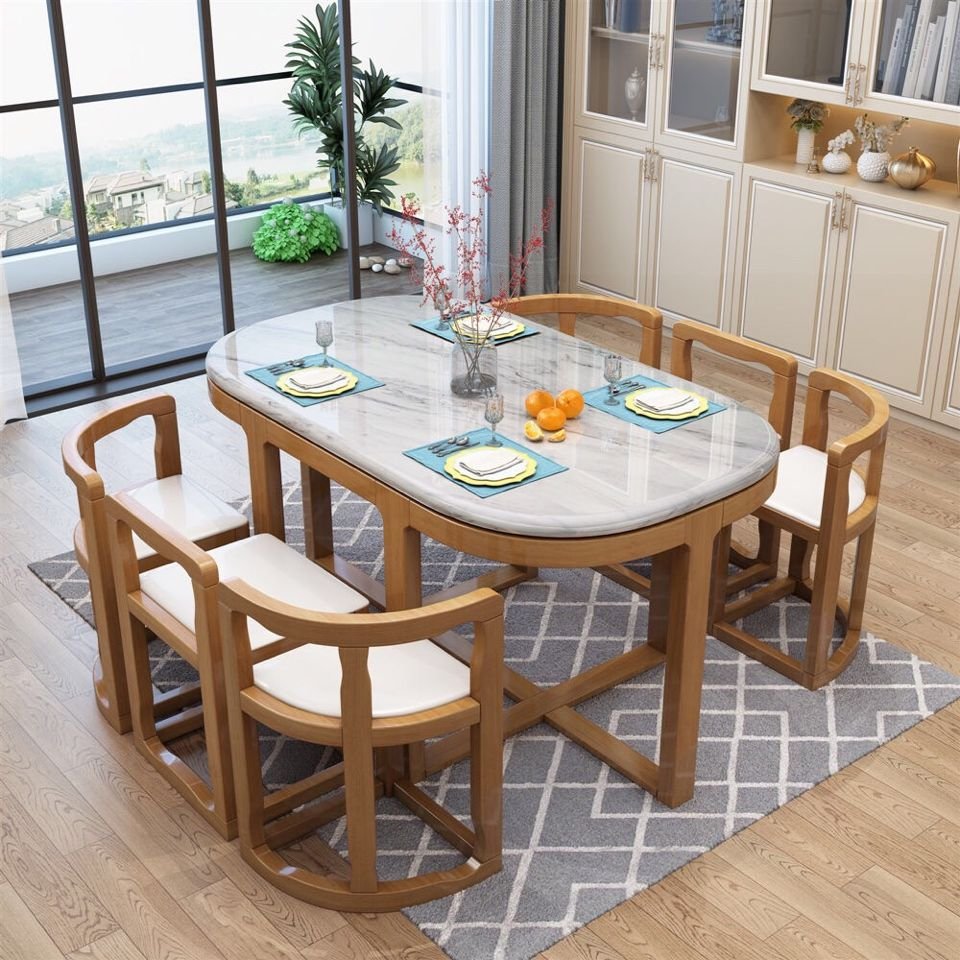 Household marble chair combination simple modern villa apartment dining room solid wood invisible eating small dining table