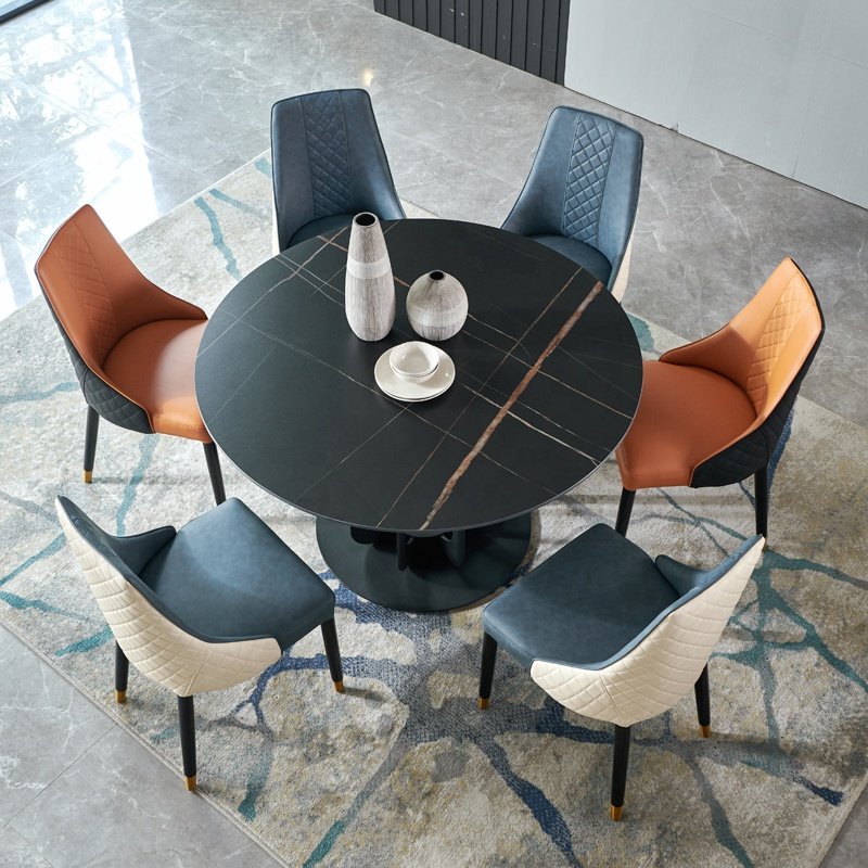 modern Large Big Round Rotate Restaurant Furniture Chair luxury Marble Table Set White And Black Dining Table