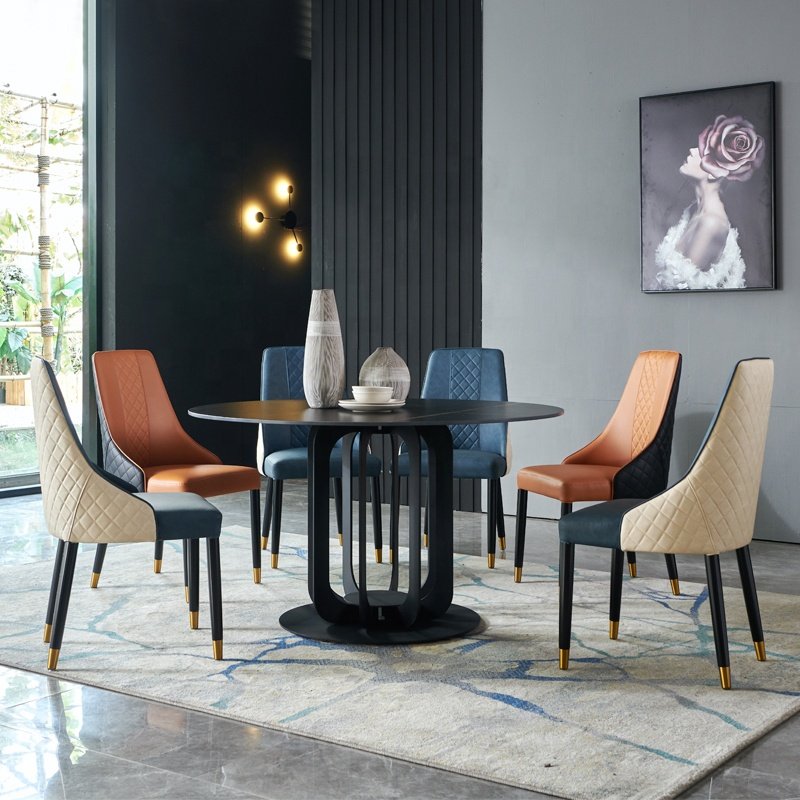 modern Large Big Round Rotate Restaurant Furniture Chair luxury Marble Table Set White And Black Dining Table