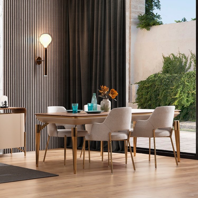 Modern 6 chairs metal frame wooden dinning table set wood leg dining table dining table set wood