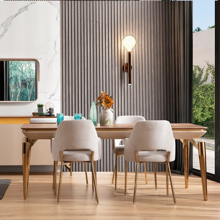 Modern 6 chairs metal frame wooden dinning table set wood leg dining table dining table set wood