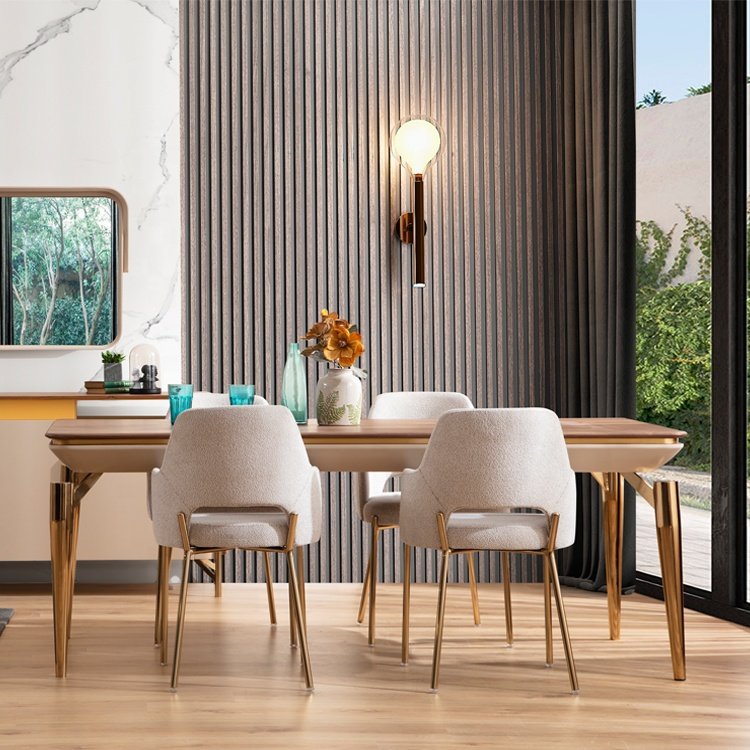 Modern 6 chairs metal frame wooden dinning table set wood leg dining table dining table set wood