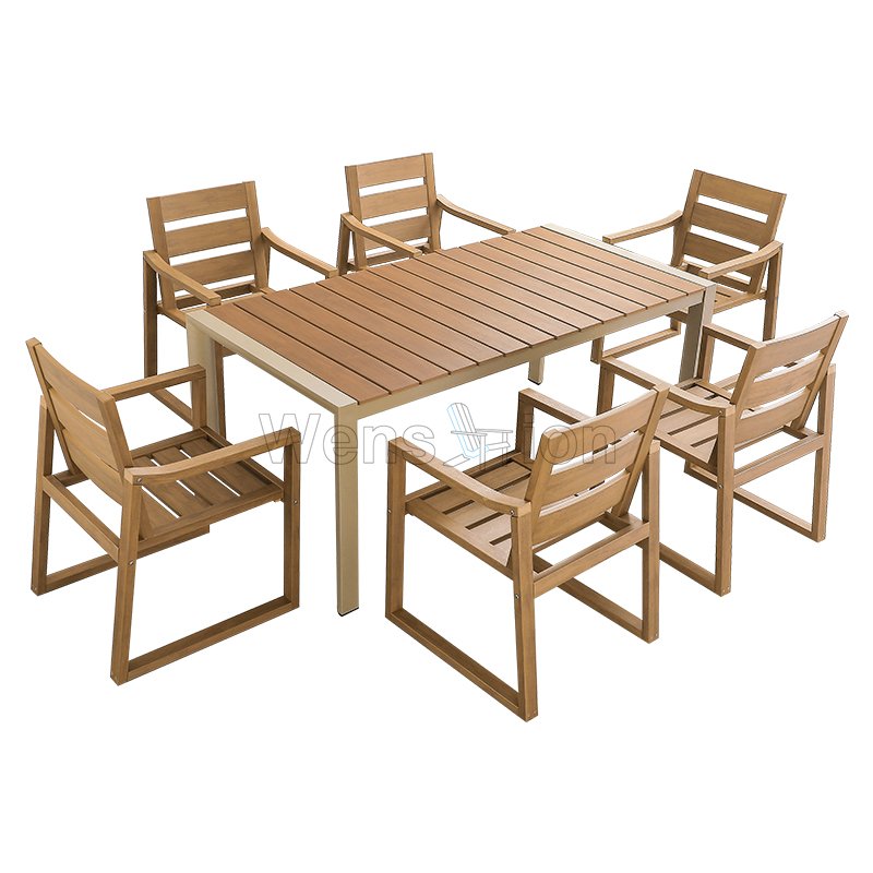 Factory Price Aluminum Frame with HIPS plastic wood table top dining tables set 6 seater for dining room