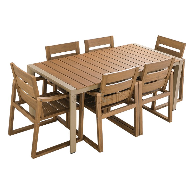 Factory Price Aluminum Frame with HIPS plastic wood table top dining tables set 6 seater for dining room