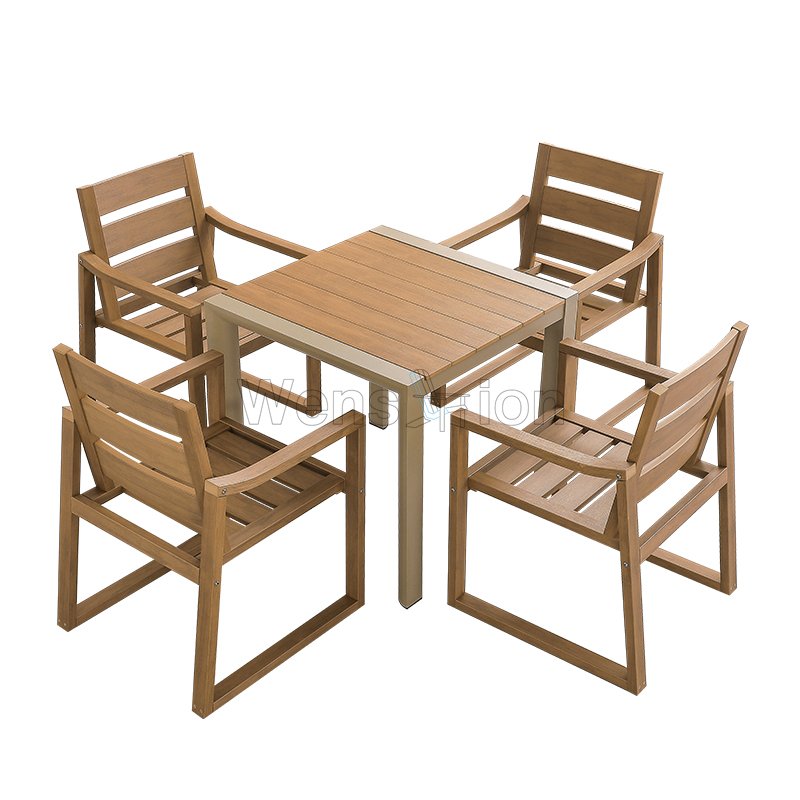Factory Price Aluminum Frame with HIPS plastic wood table top dining tables set 6 seater for dining room