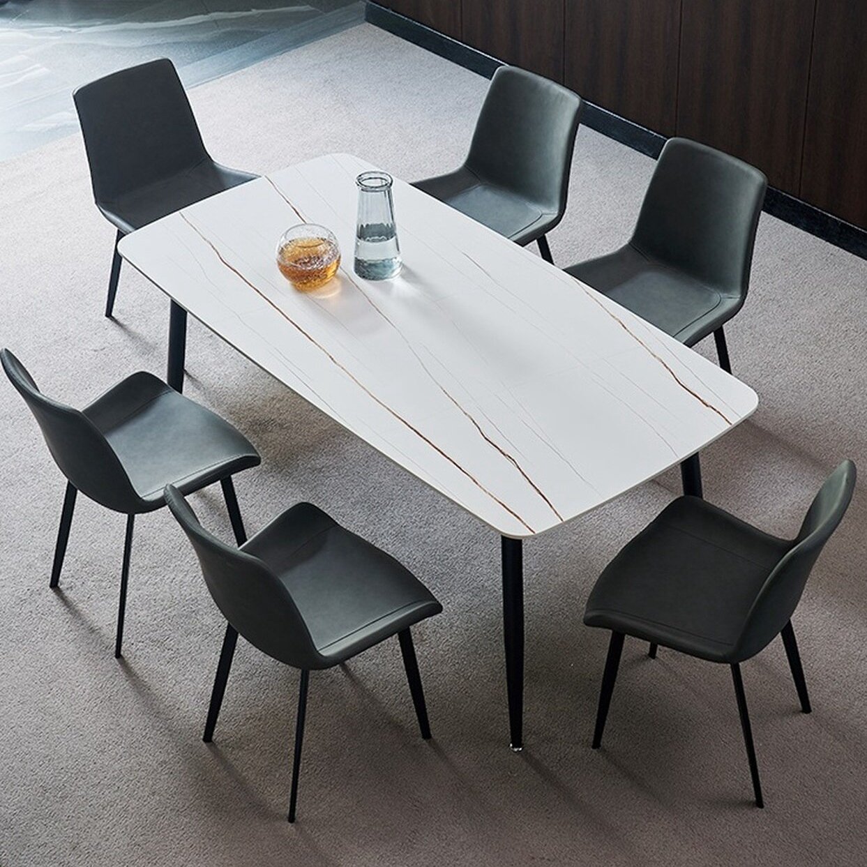 Nordic modern minimalist luxury black marble sintered stone apartment household dining tables with metal legs