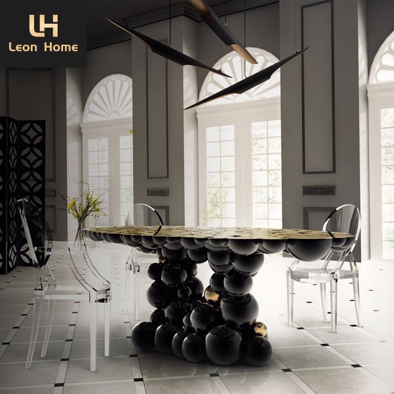luxury dinning table set dining room furniture stainless steel ball design black oval dining table