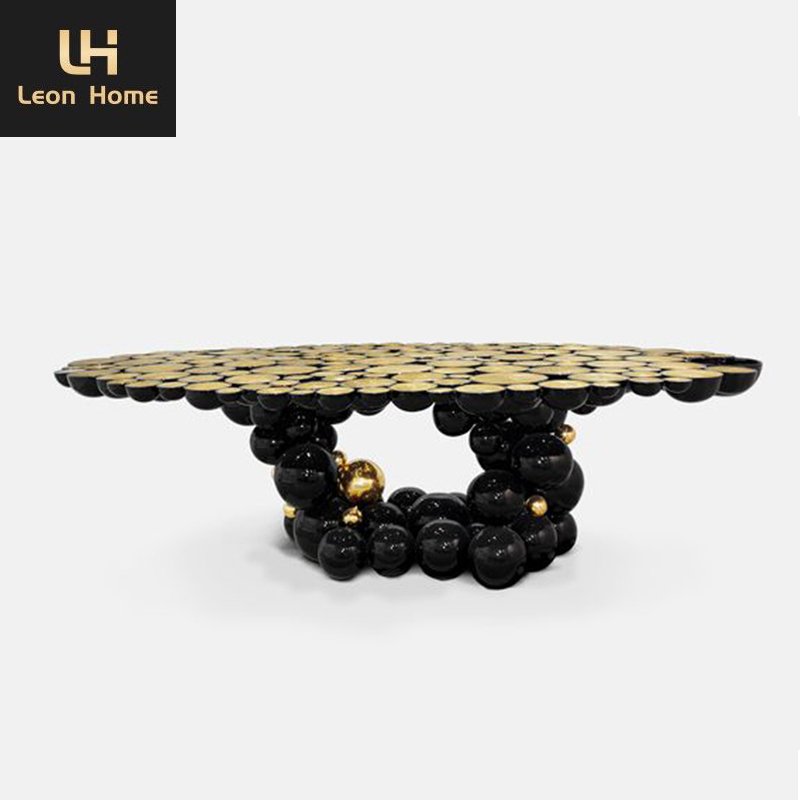 luxury dinning table set dining room furniture stainless steel ball design black oval dining table