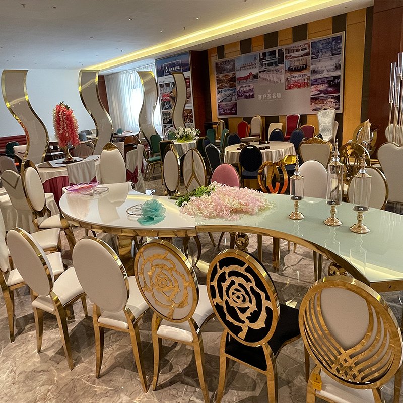 luxurious stainless steel base half moon wedding banquet dining table round tables for events party stainless steel furniture