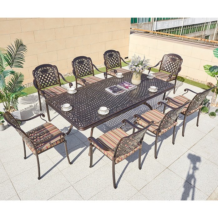 Best Sale 9 Piece Porch Garden Dining Set Furniture Outdoor Patio Cast Aluminum Bbq Table 8 Seater Chairs