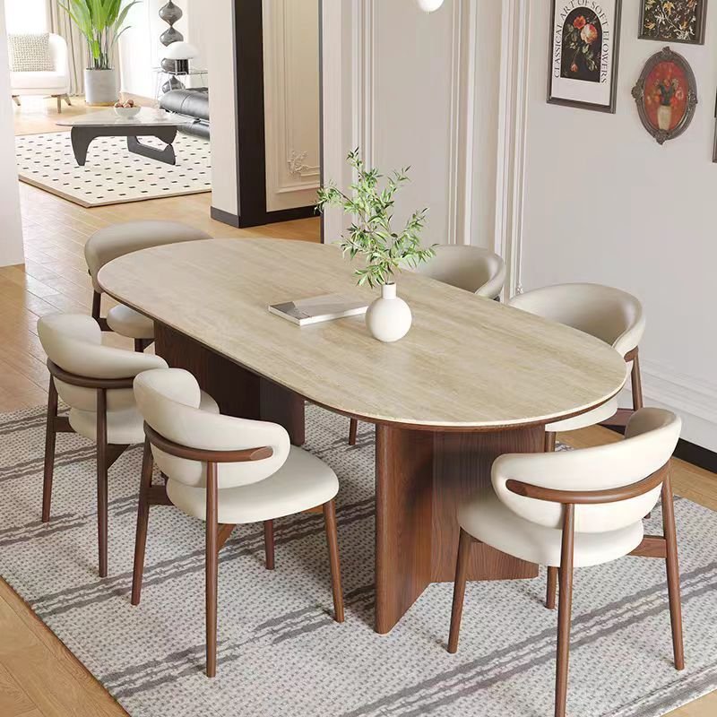 High quality french retro oval wood dining table and chair set marble table with solid walnut wood legs for hotel villa