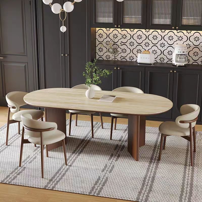 High quality french retro oval wood dining table and chair set marble table with solid walnut wood legs for hotel villa