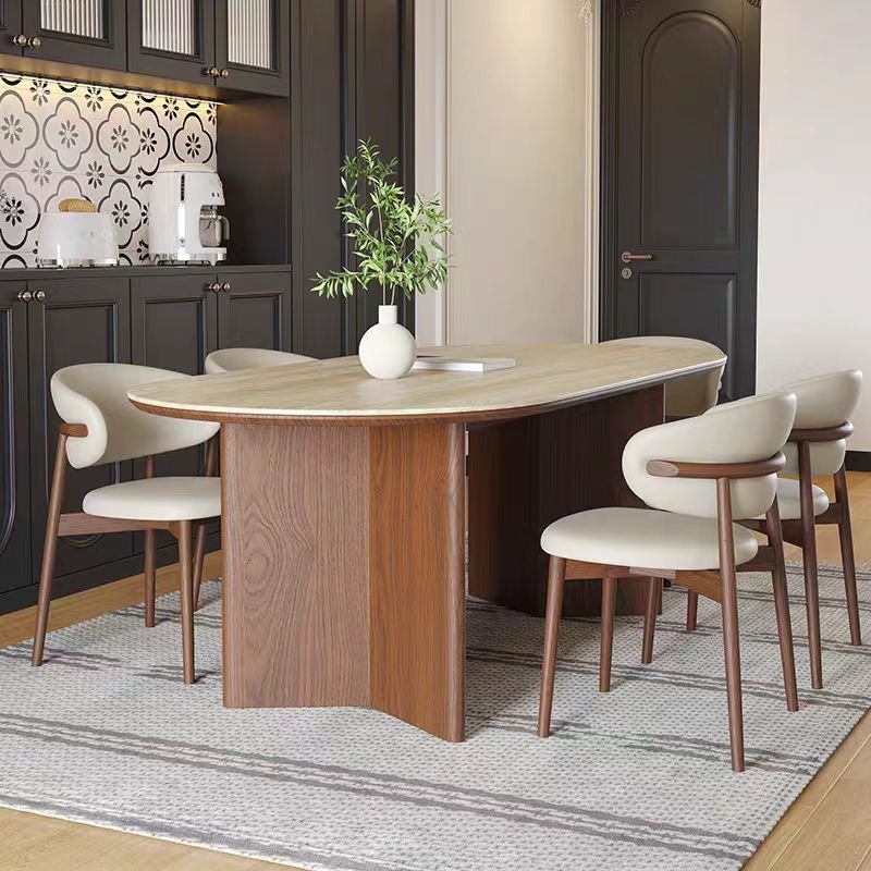High quality french retro oval wood dining table and chair set marble table with solid walnut wood legs for hotel villa