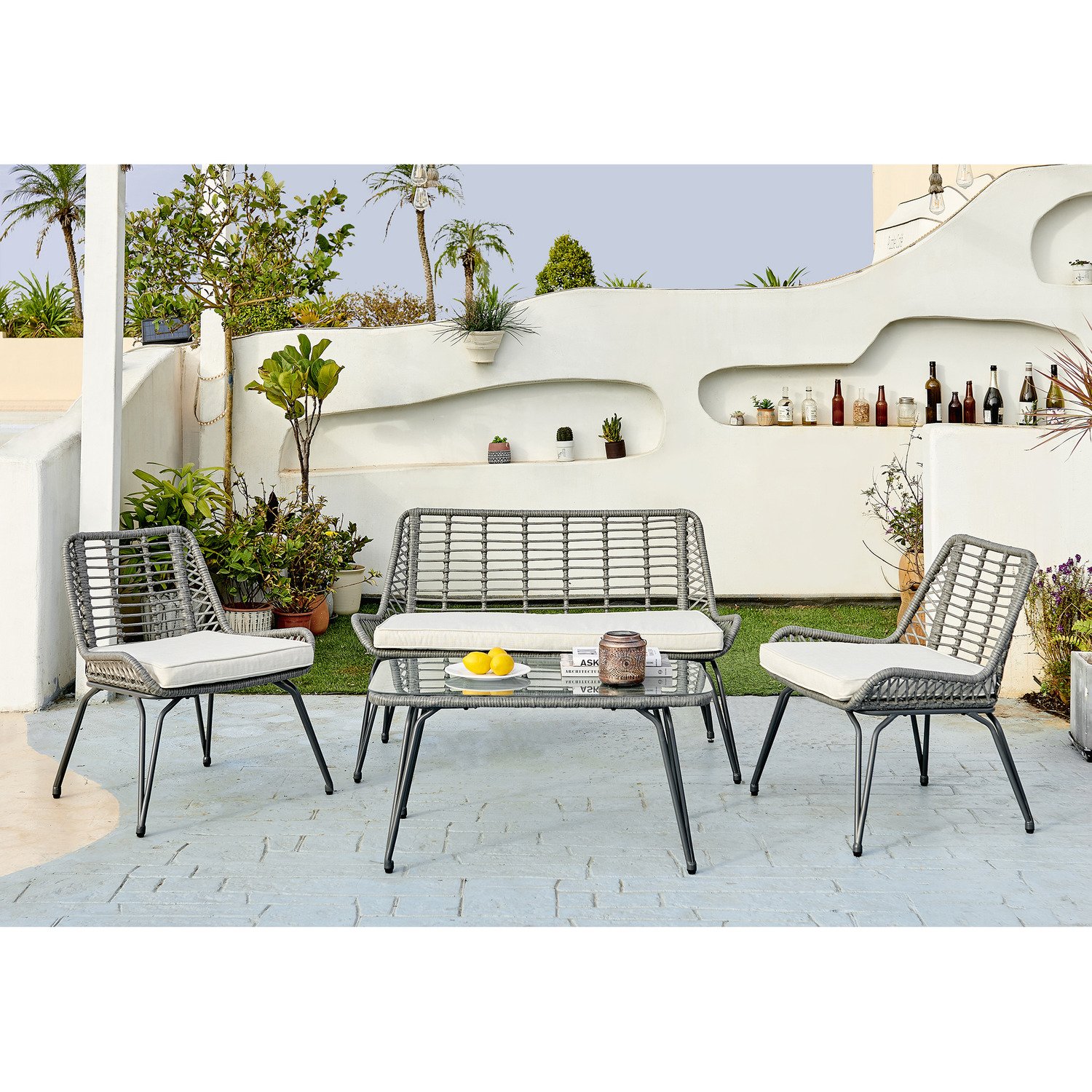 Grace Outdoor Rattan Wicker Sofa Chairs Coffee Table Garden Set with natural color for outdoor use.