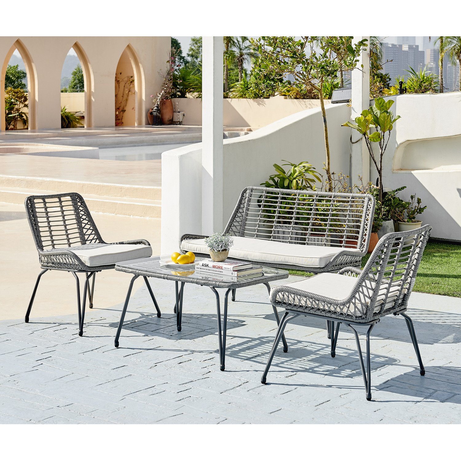 Grace Outdoor Rattan Wicker Sofa Chairs Coffee Table Garden Set with natural color for outdoor use.