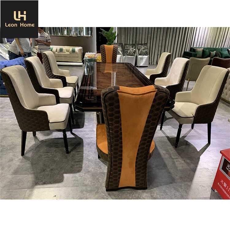 Fine Quality Burl Wood Veneer Top Modern Dining Table 8 Chairs Set Contemporary Home Furniture For Villa