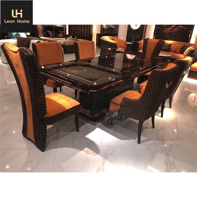 Fine Quality Burl Wood Veneer Top Modern Dining Table 8 Chairs Set Contemporary Home Furniture For Villa