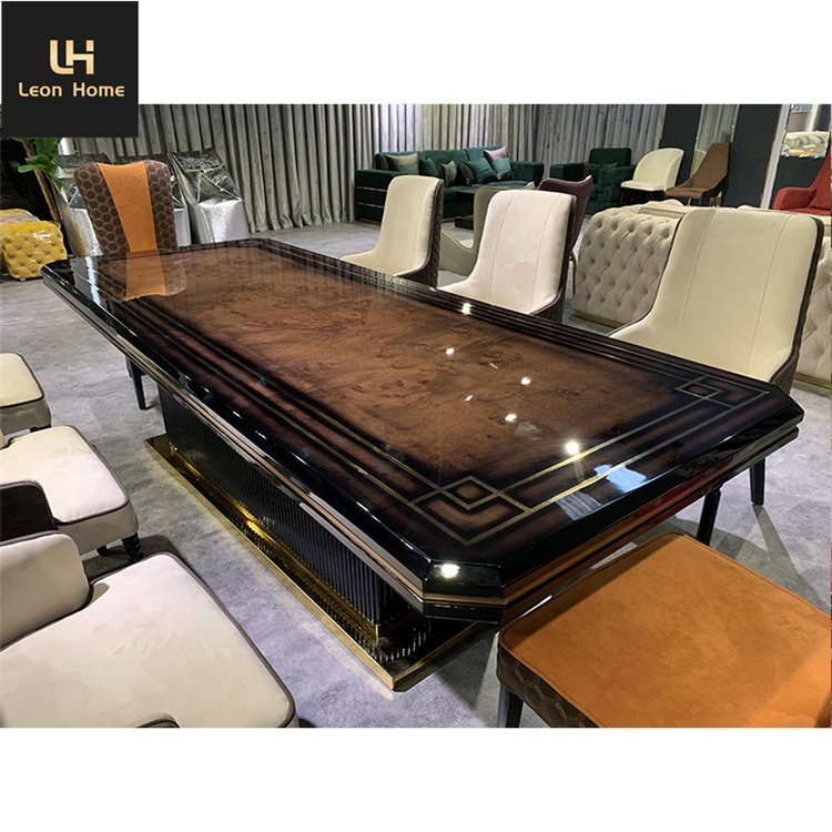 Fine Quality Burl Wood Veneer Top Modern Dining Table 8 Chairs Set Contemporary Home Furniture For Villa