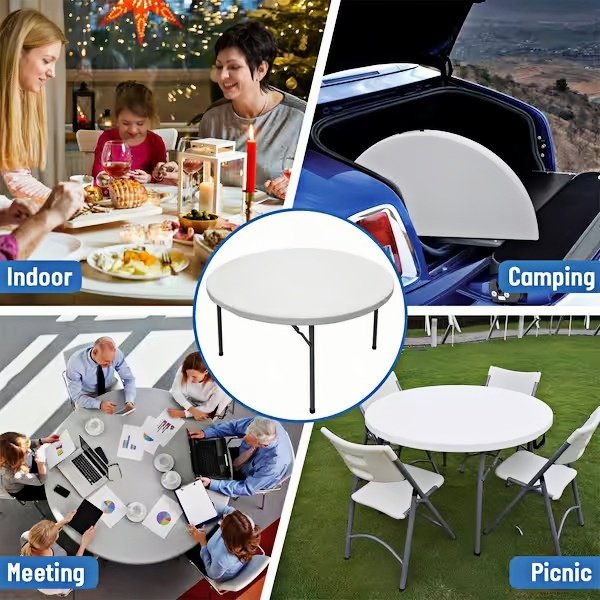 48 inch fold in half durable camping portable white plastic folding round tables for outdoor rental party wedding events