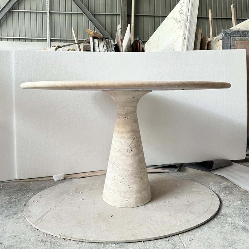Simple Style 145 cm Small Nature Marble Stone Round Beige Travertine Round Dining Table for Hotel and Villas