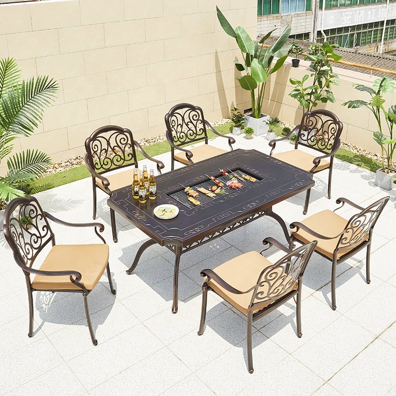 Modern Party Swimming Pool Rectangular Dining Set Aluminum 6 Seater Waterproof Cushions Chairs Patio Cast BBQ Table Outdoor